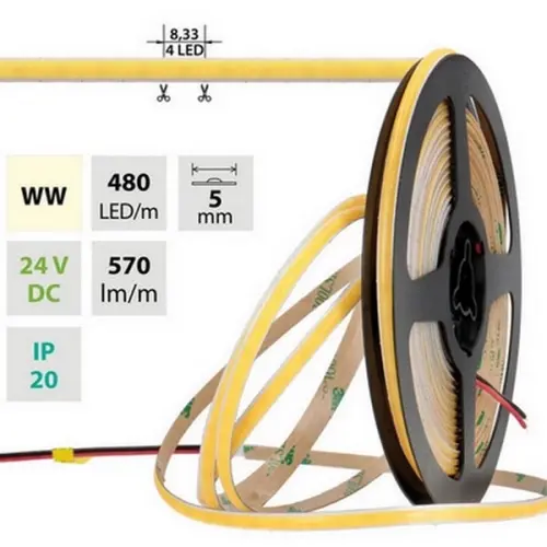 LED pásek McLED 24V COB teplá bílá 480LED/m 6W/m CRI90 5mm ML-126.111.90.2