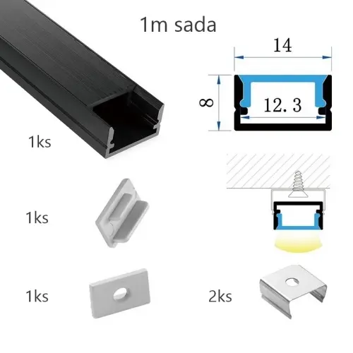 Sada černého hliníkového profilu s černým difuzorem KM35-C-MK-P 1m