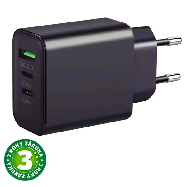 USB nabíjecí adaptér do sítě 5V/3A, 1xUSB A QC 3.0, 2xUSB C, rychlonabíjení, černý, 3 roky