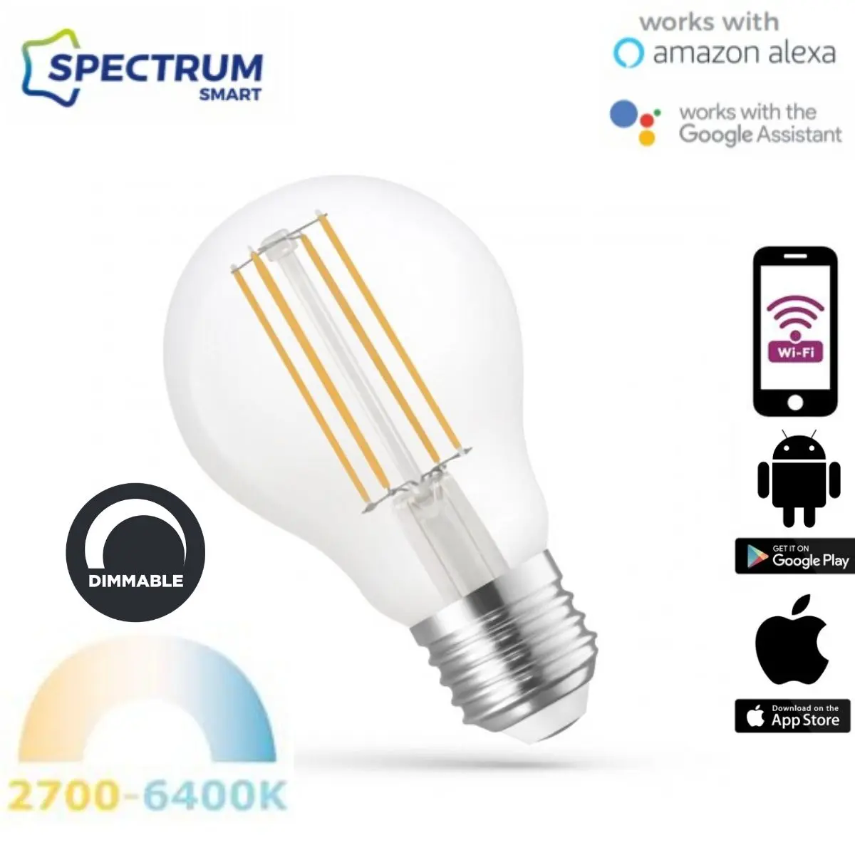 Chytrá retro LED žárovka E27 5W 680lm WIFI teplá, denní, studená (SMART), filament