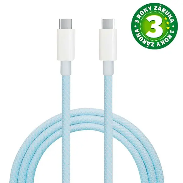 Opletený nylonový kabel USB-C na USB-C 1,5 m, 60W, 480 Mb/s, světle modrý, 3 roky záruka