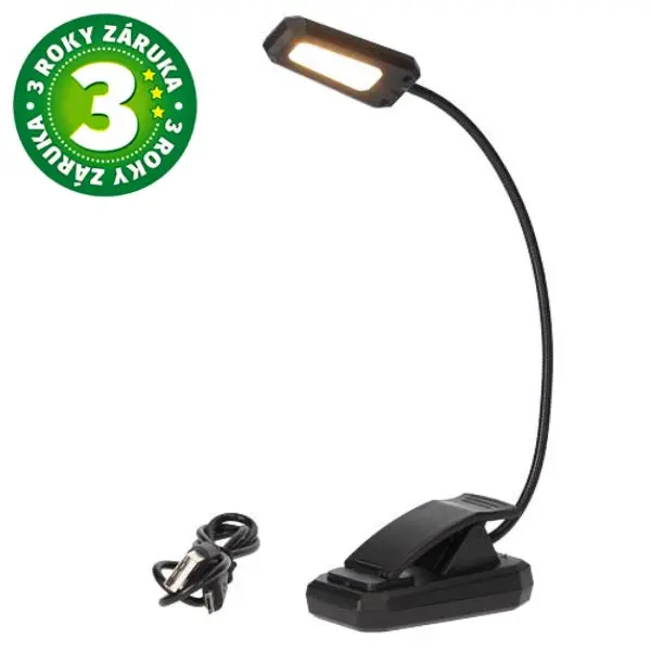 Nabíjecí LED stolní lampička GSC s klipem, 1W, 60lm, teplá, stmívatelná vypínačem, USB