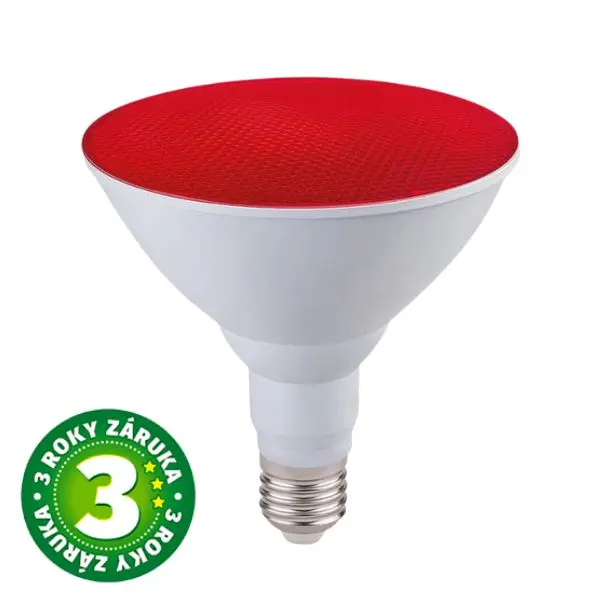 Prémiová barevná LED žárovka E27 15W, PAR38, reflektorová, červená, 3 roky záruka