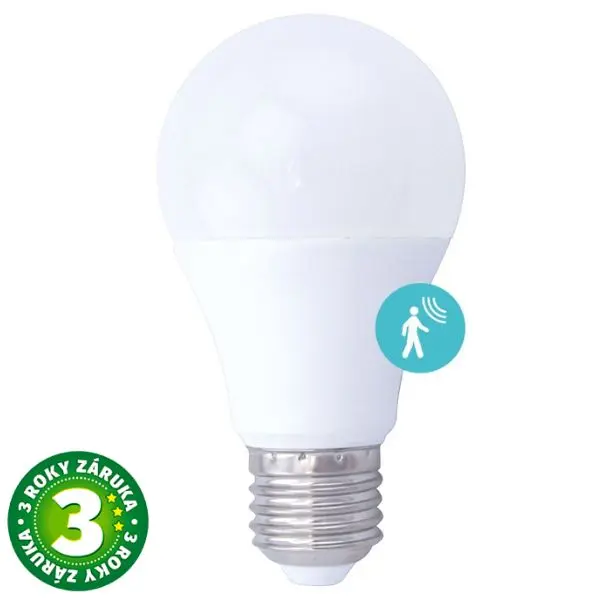 Prémiová LED žárovka E27 s mikrovlnným čidlem pohybu 9W, 950lm, teplá, ekv. 69W, 3 roky