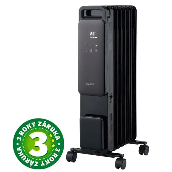 Olejový radiátor 4 režimy max 1500W termostat 5-30°C 7 žeber displej dálkové ovl. kolečka