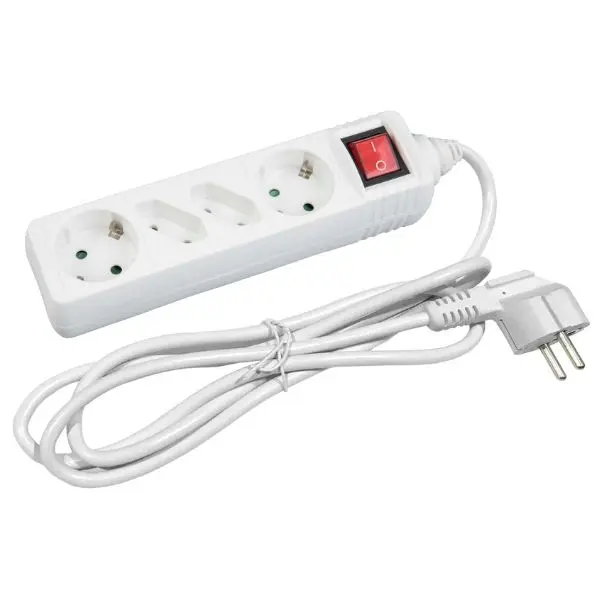 SCHUKO prodlužovací kabel - 4 zásuvky (2+2), 1,5m, bílý s vypínačem, 3G1.5
