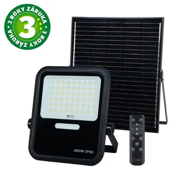 Venkovní solární LED reflektor 400W, 3000lm, studená bílá, samostatný solární panel, DO