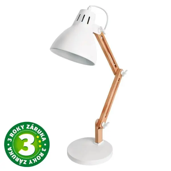 Kloubová stolní lampa Hamu, na 1 žárovku E27 max 11W, dřevo a bílý kov, 3 roky záruka