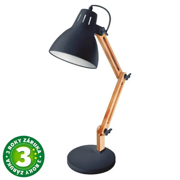 Kloubová stolní lampa Hamu, na 1 žárovku E27 max 11W, dřevo a černý kov, 3 roky záruka