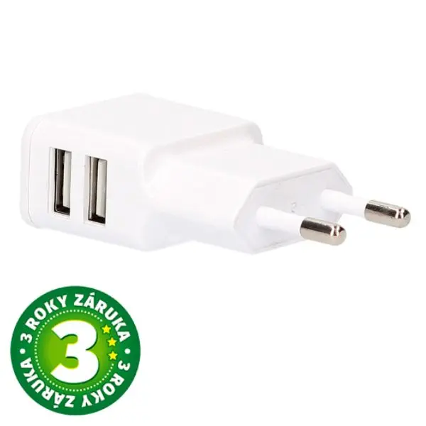 USB nabíjecí adaptér do sítě 5V/2A, 2xUSB A, bílý, 3 roky záruka