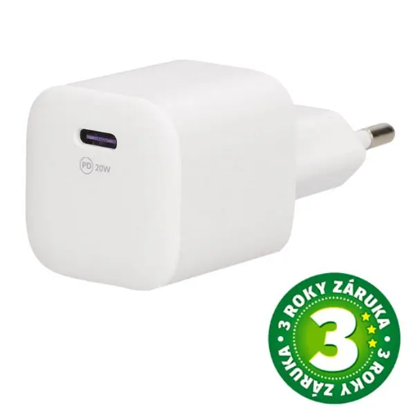USB nabíjecí adaptér do sítě 5V/3A, 1xUSB C, rychlonabíjení, bílý, 3 roky záruka