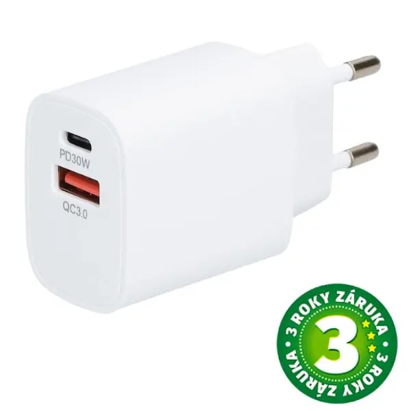 USB nabíjecí adaptér do sítě 5V/3A, 1xUSB A, 1xUSB C, rychlonabíjení, bílý, 3 roky záruka