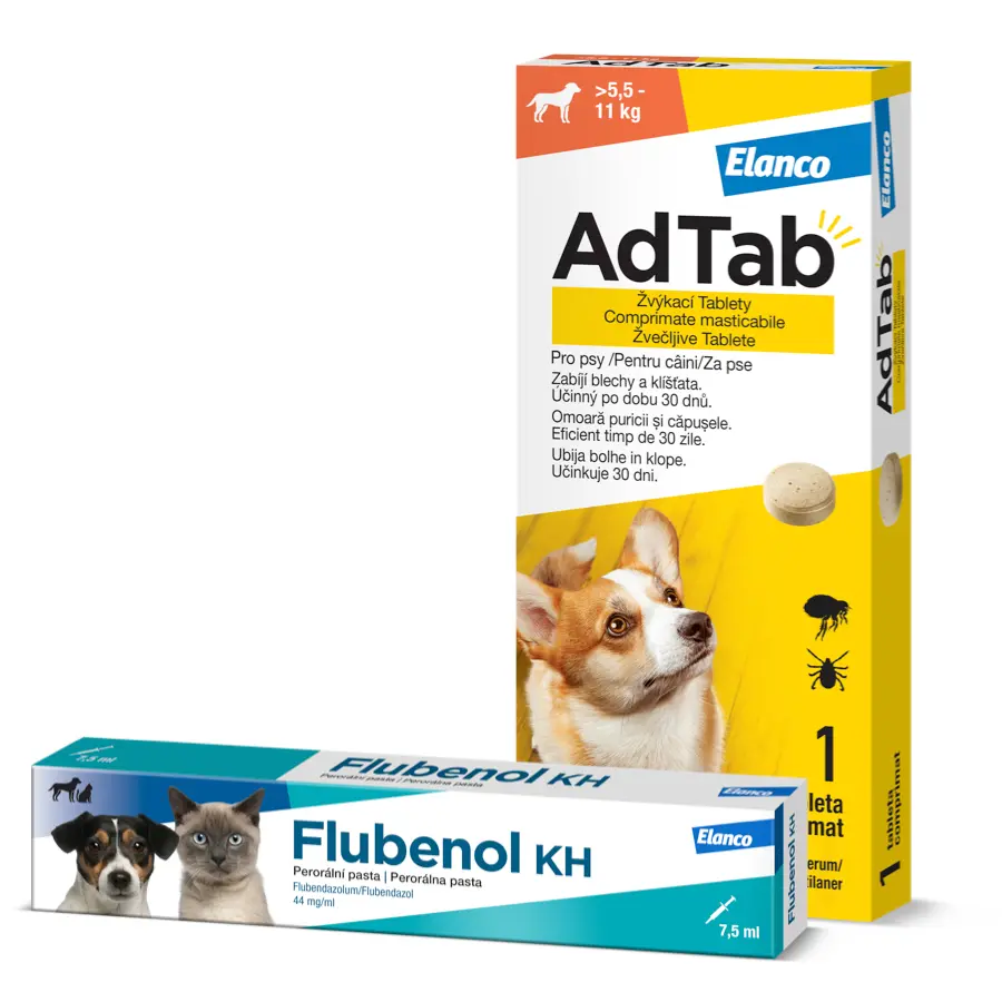 Adtab pro psy (5,5-11kg) 225mg 1 žvýkací tableta + Flubenol KH 44mg/ml perorální pasta 7.5ml
