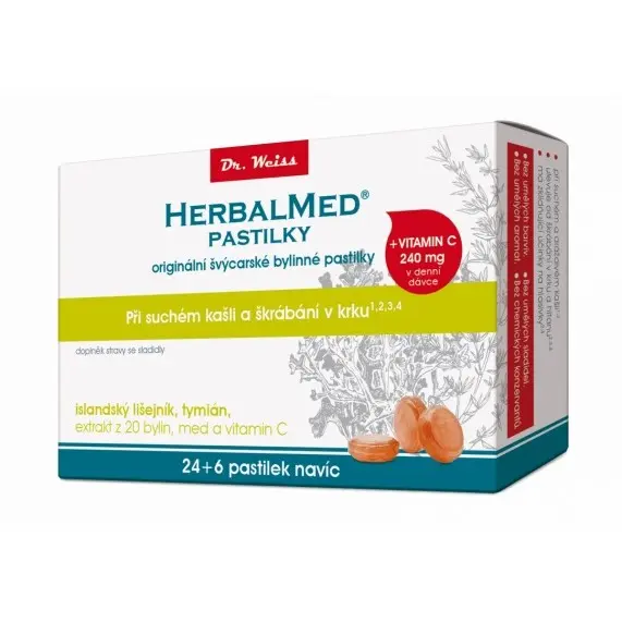 HerbalMed pastilky Islandský lišejník + vitamin C 30 ks
