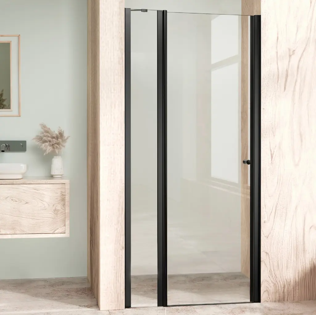 WellMall ALFA LINE Black 155 Čiré Sprchové dveře jednokřídlé s pevnou stěnou v rovině (85+70) 8595703837968