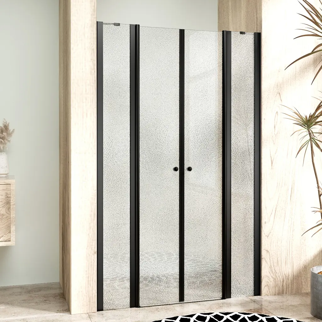 WellMall BETA LINE II Black 145 Grape Sprchové dveře dvoukřídlé s pevnými stěnami v rovině 8595703852541
