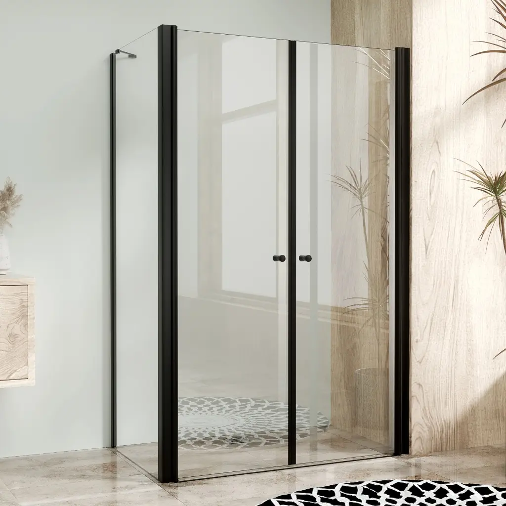 WellMall Sprchová zástěna s dvoukřídlými dveřmi 100x80, obdélníková, čiré, černá - BETA COMBI
