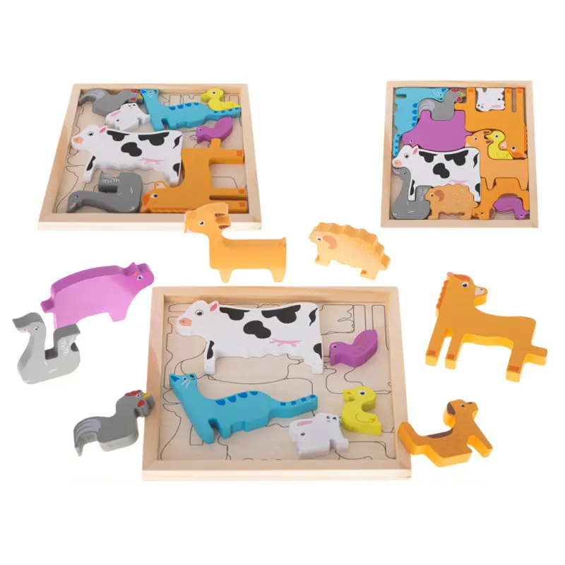 Dřevěné puzzle odpovídají tvarům zvířat