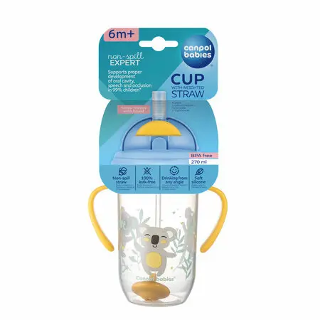 CANPOL BABIES Exotic animals nevylévací hrneček se slámkou a závažím žlutý 6m+ 270 ml