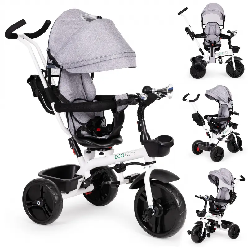 Šedá otočná tříkolka se stříškou ECOTOYS