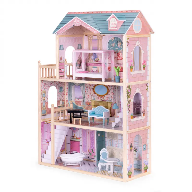 ECOTOYS Dřevěný domeček pro panenky TRIPLET růžový