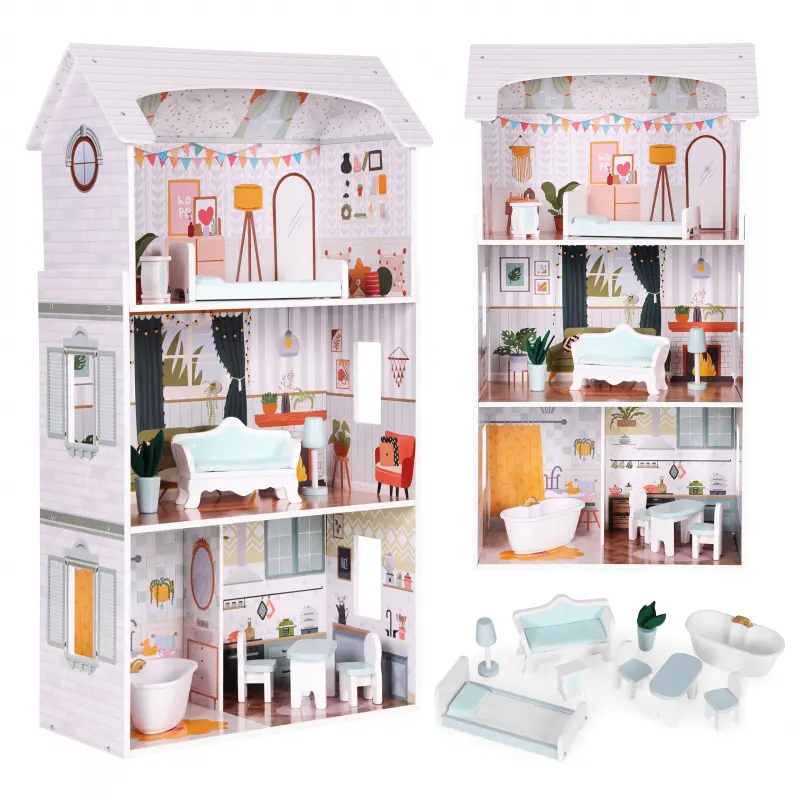 Dřevěný domeček pro panenky ALICE - 3 patra + nábytek