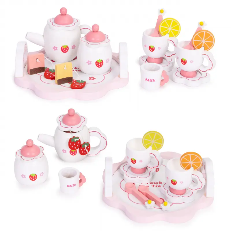 ECOTOYS Dřevěný čajový servis pro děti STRAWBERRY bílý/růžový
