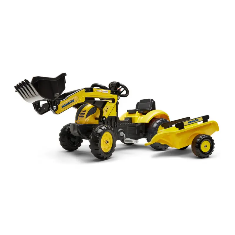 Falk Traktor šlapací Komatsu žlutý s přední lžící s vlečkou