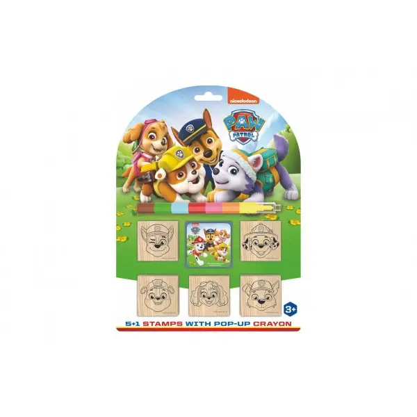 Razítka 5+1 s poduškou dřevěná 5x5cm s voskovkou Paw Patrol na kartě