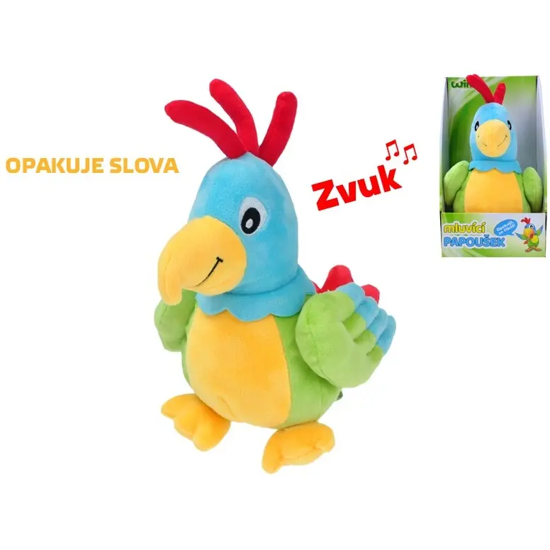 Papoušek plyšový 20cm na baterie mluvící v krabičce