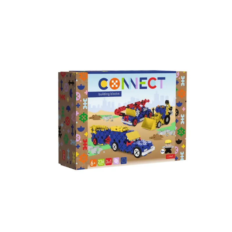 Trefl klocki Connect 2w1 - pojazdy budowlane / SUV s přívěsem