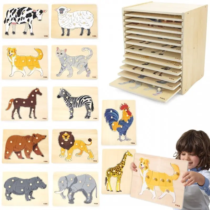 Viga Sada dřevěných puzzle Montessori 12 zvířátek | Vzdělávací hračka se stojánkem pro děti