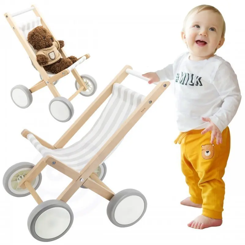 Viga Dřevěný kočárek pro panenky | Stabilní hračka pro holčičky