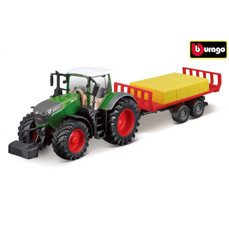 Bburago 10cm Farm Traktor na setrvačník s vlečkou a senem Fendt 1050 Vario