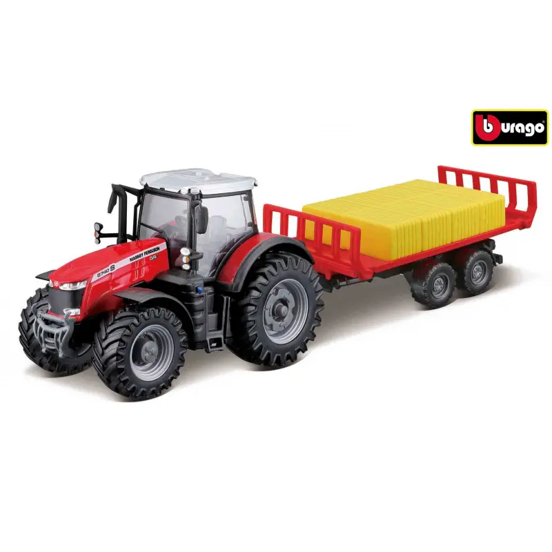 Bburago - FARMLAND, Messey Ferguson 8740S s přívěsem na balíky, 10 cm