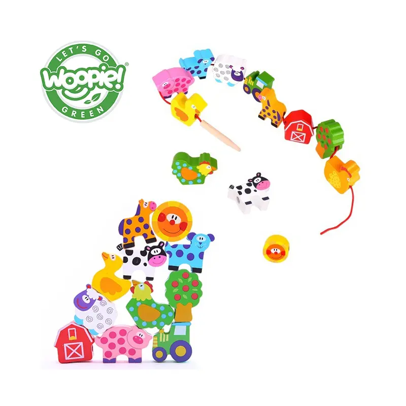 Woopie GREEN Dřevěné zvířátka + farma na navlékání 13 ks