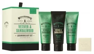 Scottish Fine Soaps Vetiver and Sandalwood krém na holení 75ml + pleťový peeling před holením 75ml + balzám po holení 75ml + mýdlo 40g