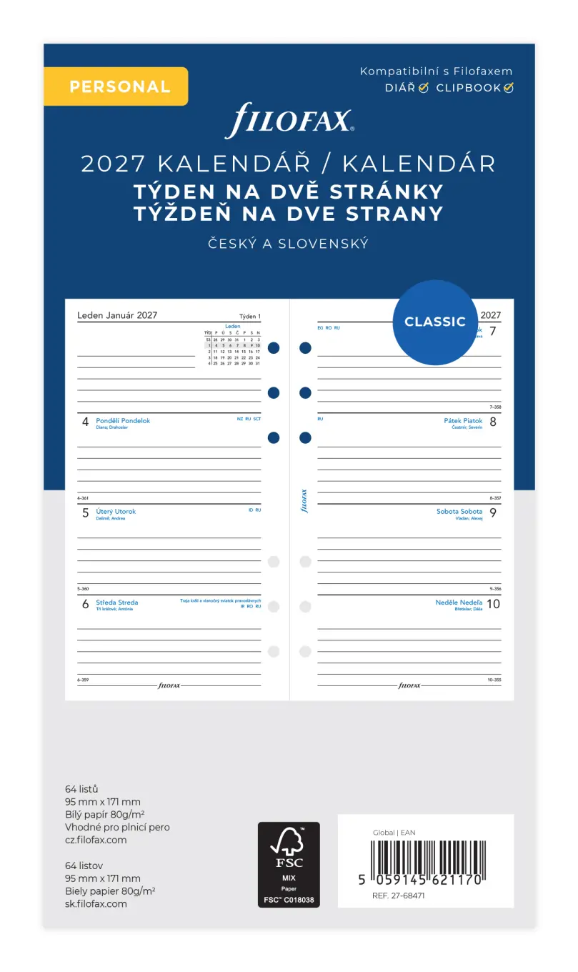 Filofax kalendář  2027 ČJ+SJ týden/2 stránky