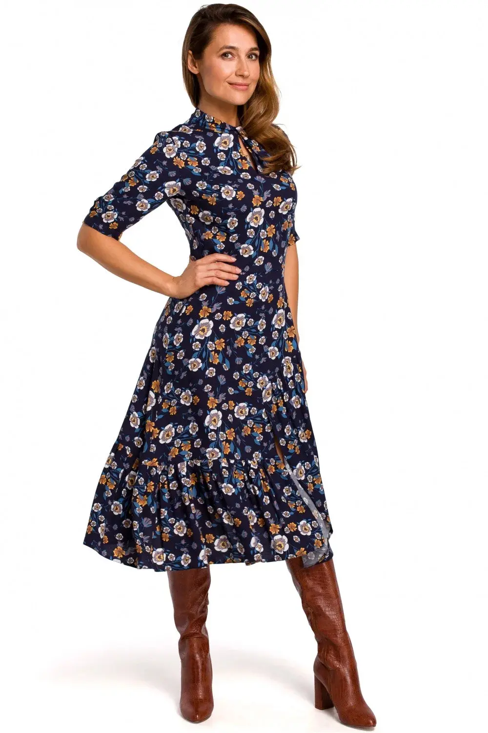 Dámské šaty S177 - Stylove tm.modrá s květy L-40