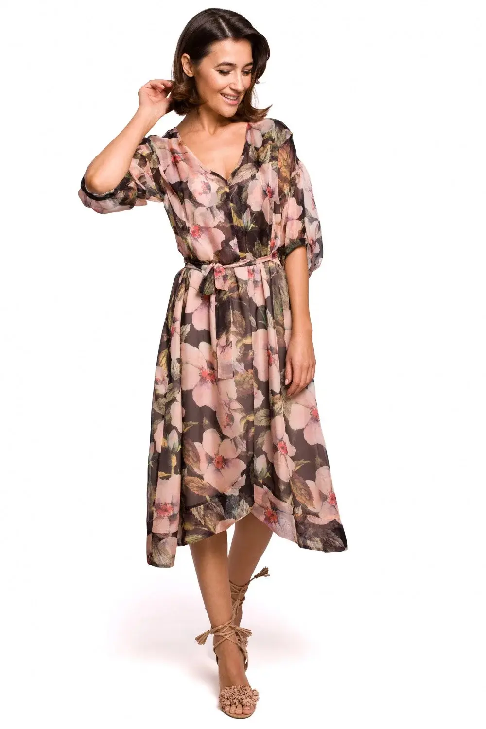 Dámské šaty S226 - Stylove L-40 zelená+květy
