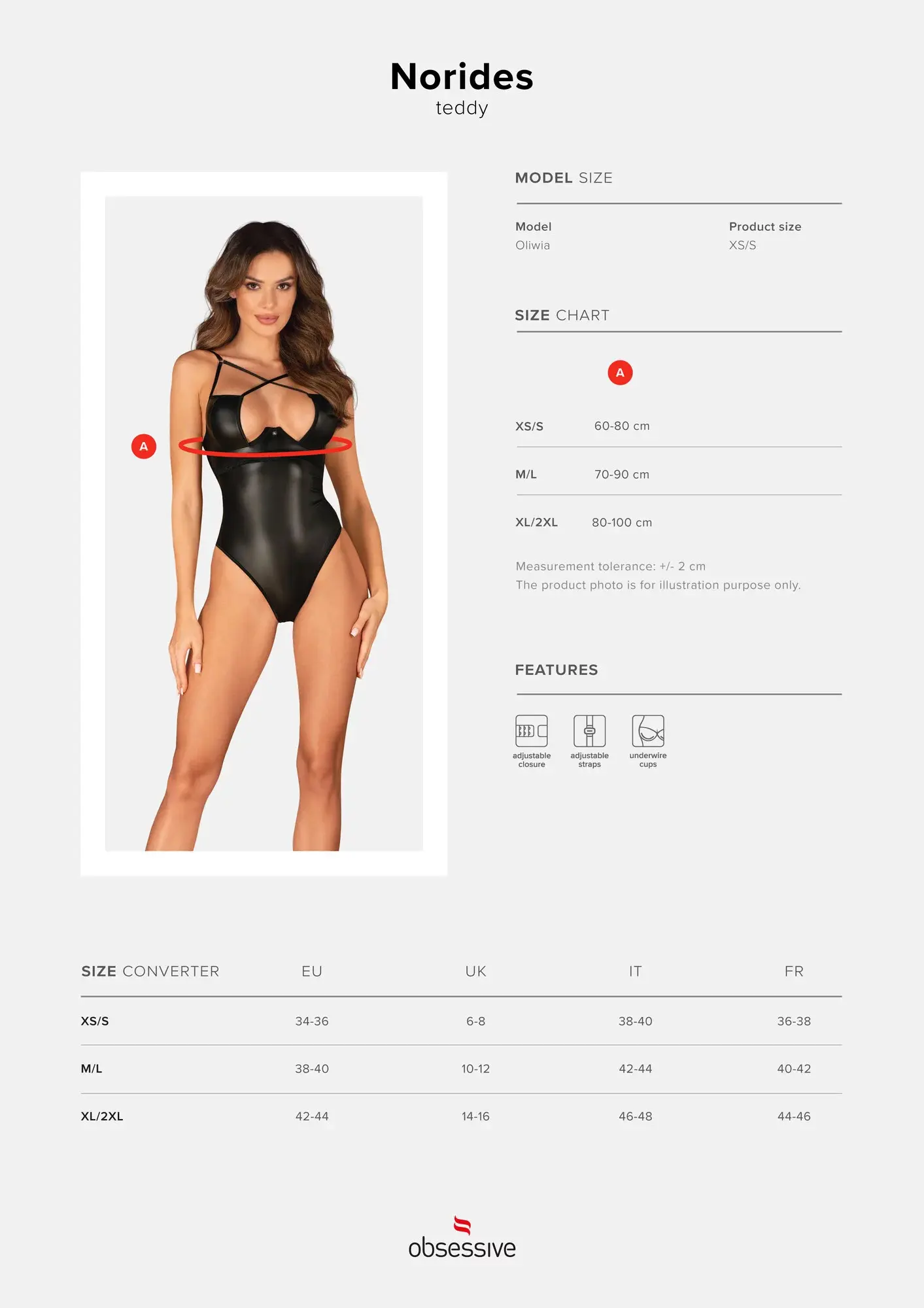 Elegantní body model 18866179 teddy  černá XS/S - Obsessive