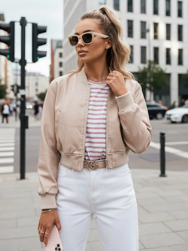 Dámská kožená bunda bomber SANTOL béžová FashionStreet TY4339