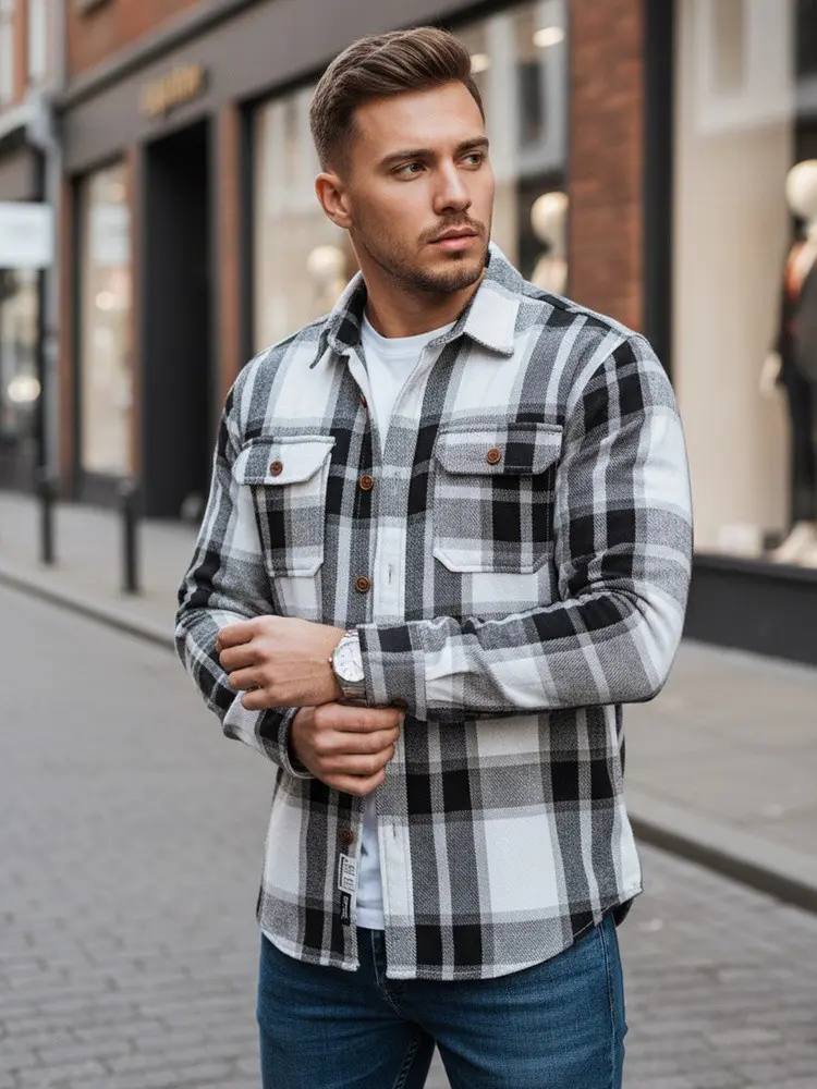Pánská černobílá kostkovaná flanelová košile FashionStreet DX2673 XXL