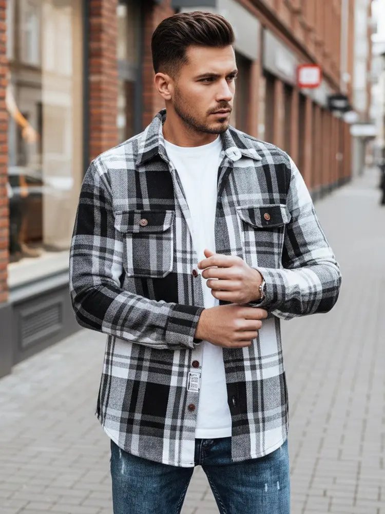 Pánská černobílá kostkovaná flanelová košile FashionStreet DX2675 XXL