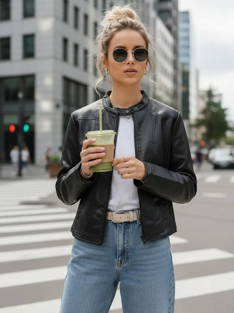 Dámská kožená bunda se stojáčkem černá FashionStreet TY5568