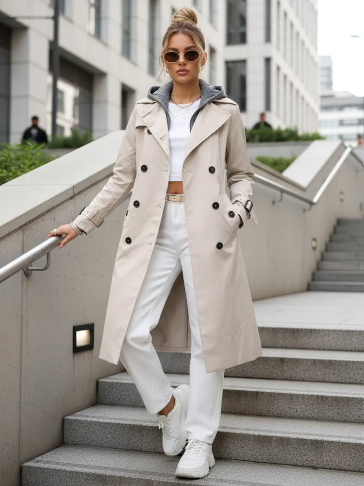 Dámský dvouřadý trenčkot s kapucí světle béžový FashionStreet TY5655 XXL