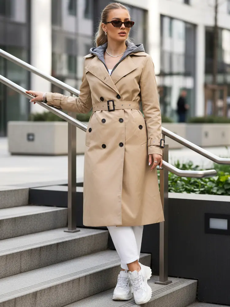 Dámský dvouřadový trenčkot s kapucí FashionStreet camel TY5656 XXL