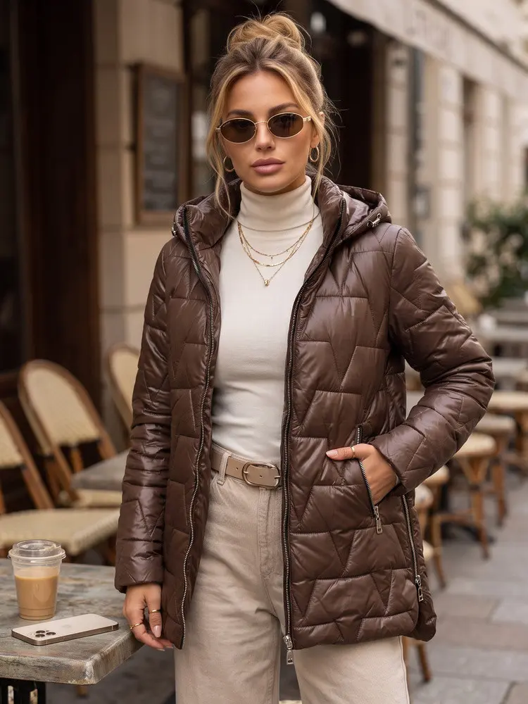 Dámská prošívaná bunda s odnímatelnou kapucí, hnědá, FashionStreet TY5796