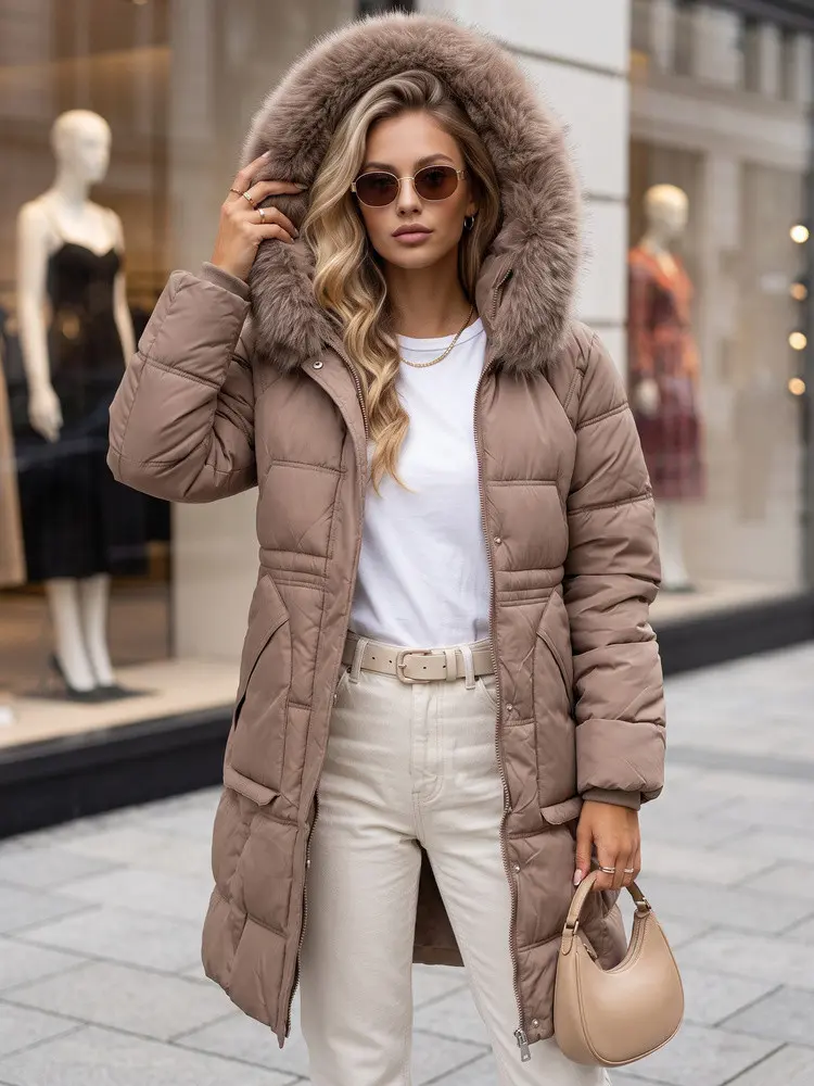 Dámská zimní prošívaná bunda s kapucí, béžová, FashionStreet TY5821