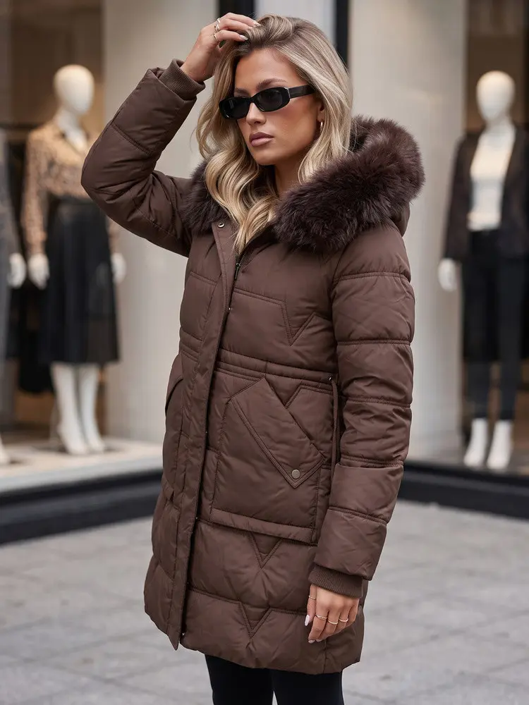 Dámská zimní prošívaná bunda s kapucí, hnědá, FashionStreet TY5825